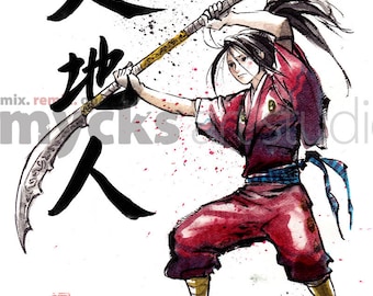 Print 8x10 Female Samurai wielding Naginata Heaven and Earth Japanese Calligraphy