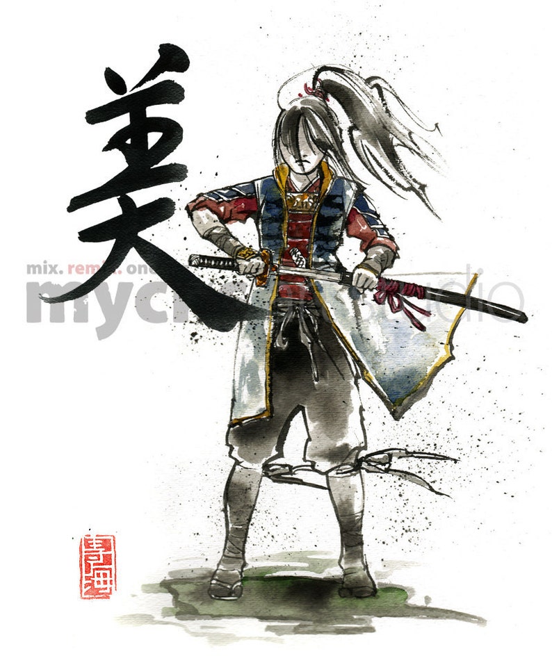 PRINT Female Samurai Drawing Sword BEAUTY 8x10 image 1