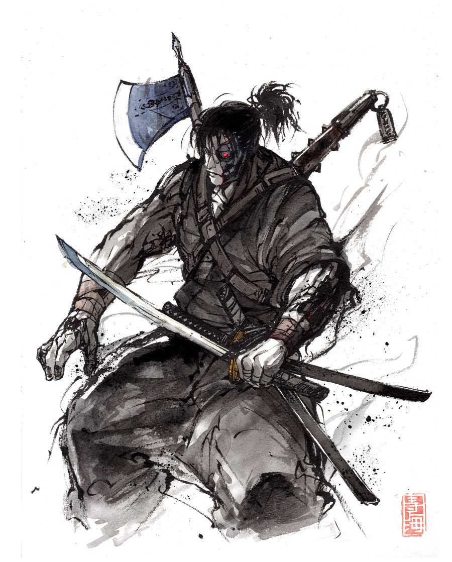 8x10 PRINT Terminator T-800 Samurai With Swords, War Axe and