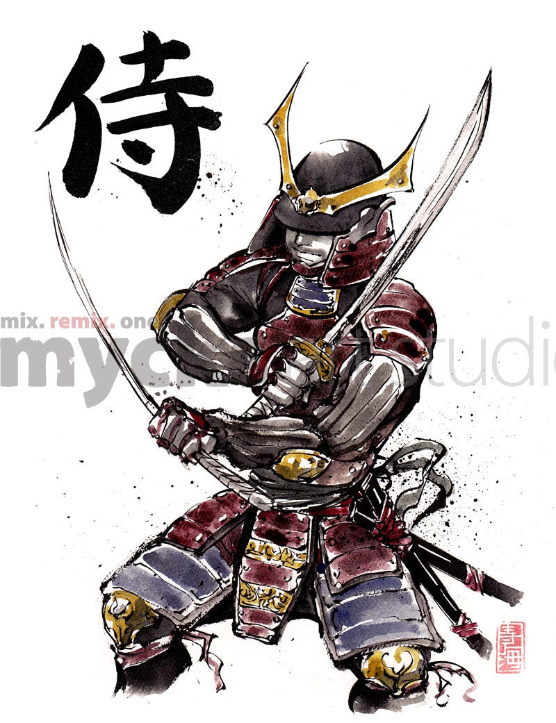8x10 PRINT Samurai Armor Dual Swords Japanese Calligraphy