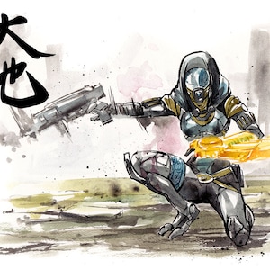 May include: A watercolour painting of a futuristic warrior in a black and blue suit, holding a glowing weapon. The warrior is kneeling on a rocky surface, with a Japanese character for "Earth" in the background.