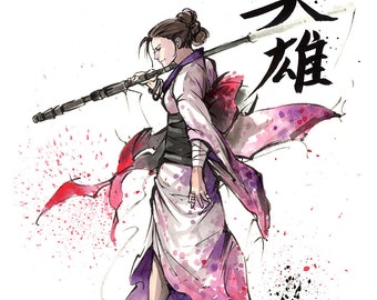 8x10 PRINT Star Wars Rey wearing Kimono with Japanese Calligraphy HERO