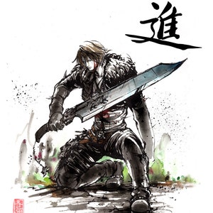 Squall aus Final Fantasy VIII mit japanischer Kalligraphie