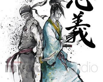 Ninja and Samurai with Japanese calligraphy Loyalty 8x10 Print by Mycks