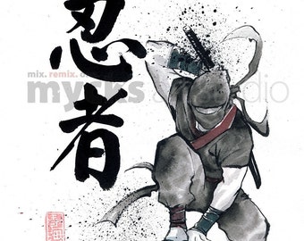 PRINT Ninja Japanese Calligraphy with Original painting Sumie