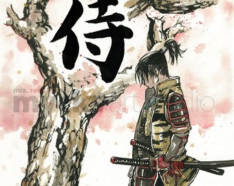 PRINT Samurai under Sakura (Cherry Blossoms) tree 8x10