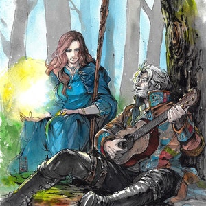 8x10&quot; Fine Art Print sumi watercolor art of Thom and Moiraine from Wheel of Time WoT