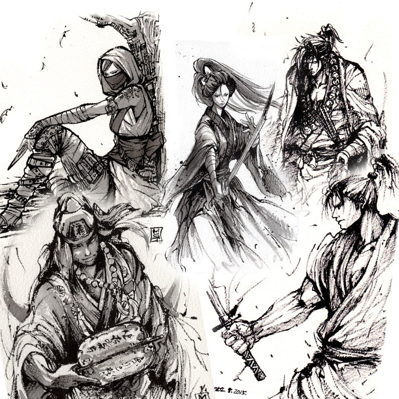 5 piece PRINT SET 5x7 Mycks Ink Sketch series Samurai Ninja set image 1