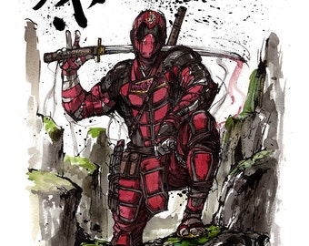 8x10inch PRINT of Deadpool samurai parody with Japanese calligraphy FUN