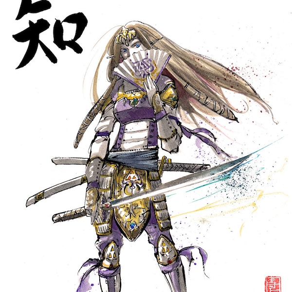 8x10 PRINT Princess Zelda in Samurai Armor Japanese calligraphy Wisdom