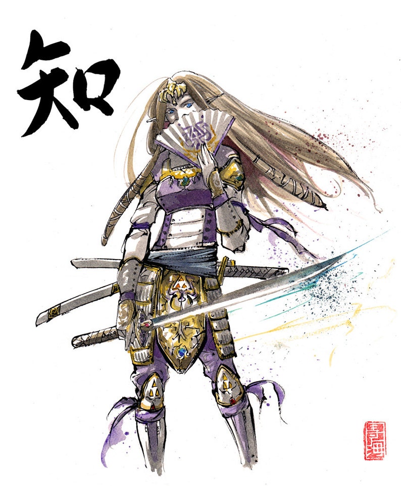 8x10 PRINT Princess Zelda in Samurai Armor Japanese calligraphy Wisdom image 1