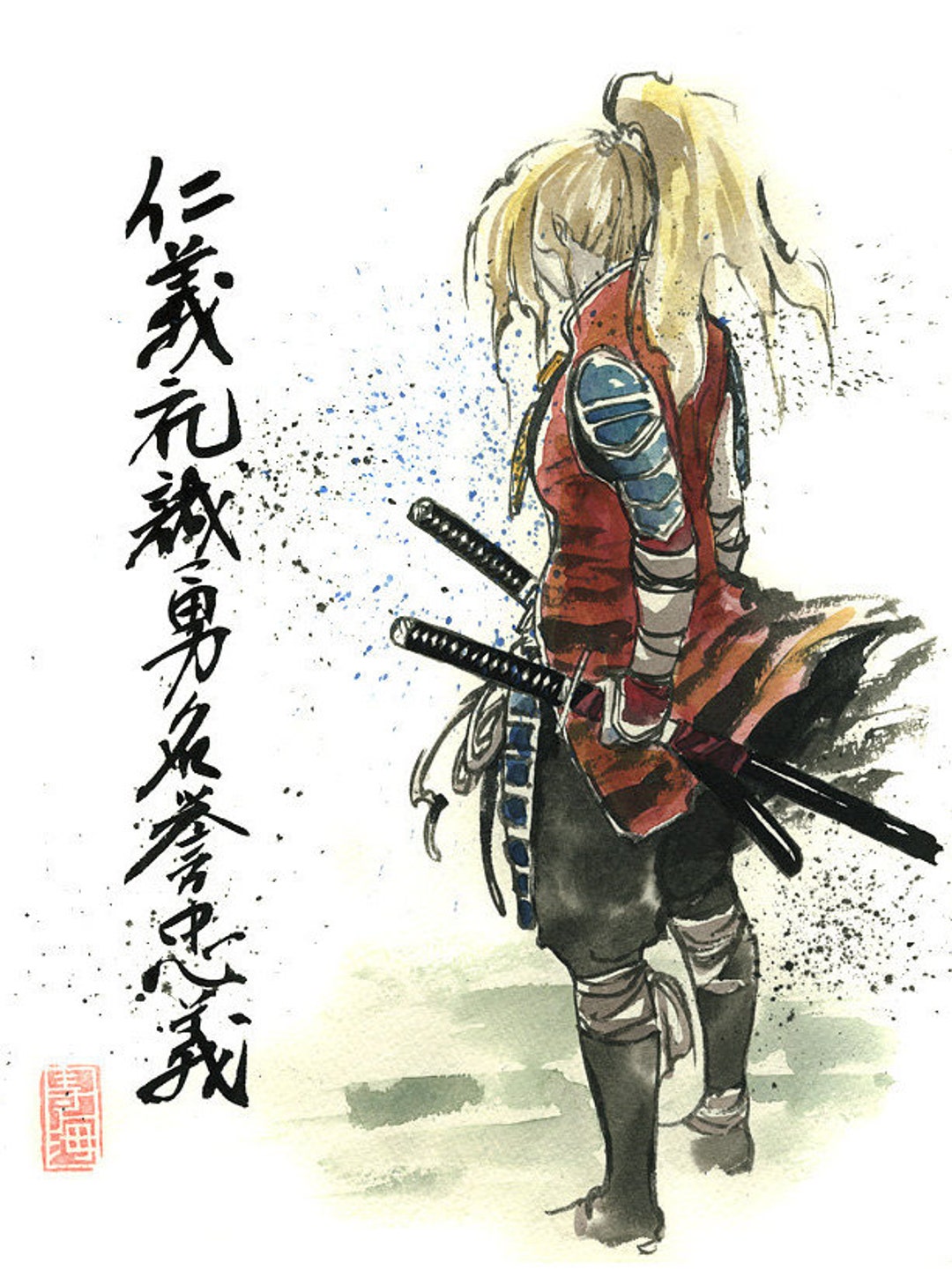 ぷ*侍様 Let’s fine♡ 絵画原画 8x10インチのプリント、金髪の女性侍、墨と水彩画、侍の7つの美徳