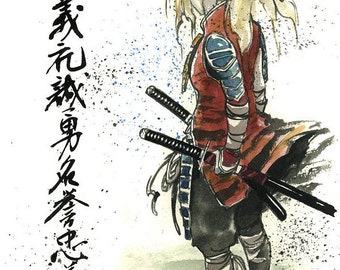 8x10 PRINT of female blond samurai Sumi ink and watercolor with 7 Virtues of Samurai