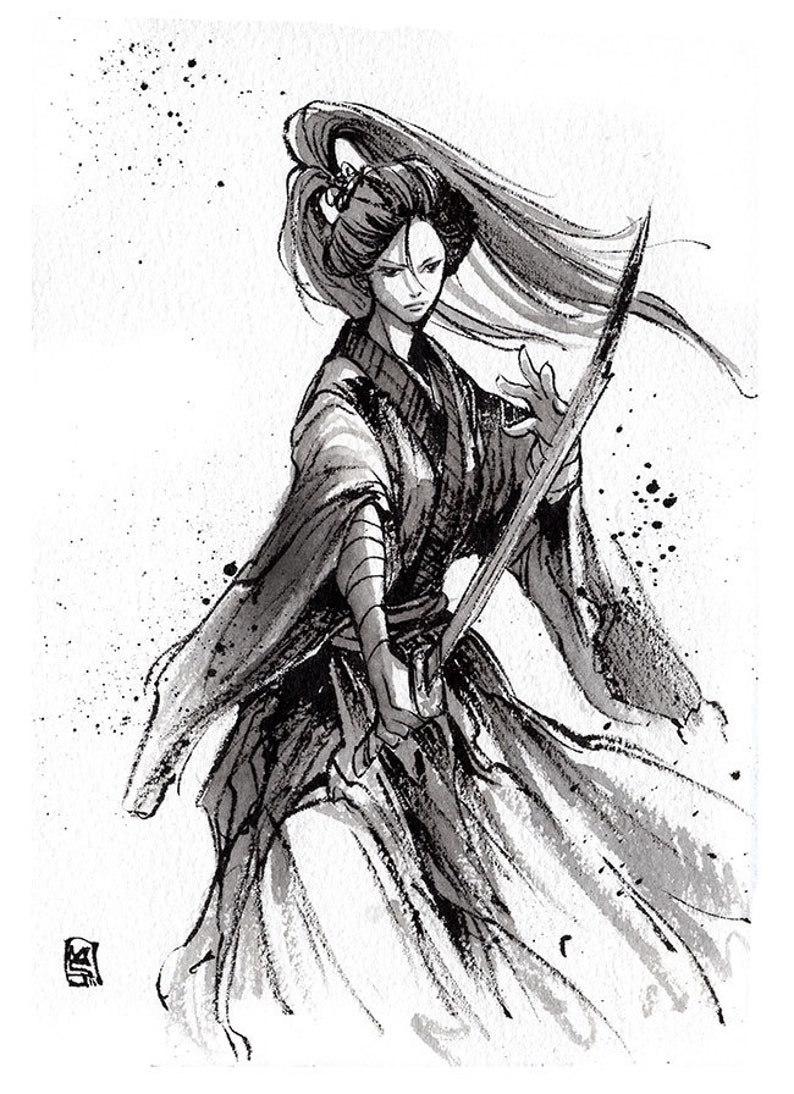 5 piece PRINT SET 5x7 Mycks Ink Sketch series Samurai Ninja set image 4