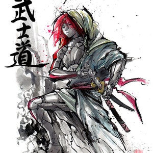 8x10 PRINT Mass Effect Commander Shepard Ronin Samurai with Katana Sword Japanese Calligraphy Bushido