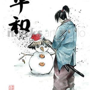PRINT Samurai with snowman Japanese Callirgaphy PEACE