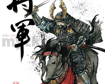SHOGUN, Samurai General on a Horse with Sword Drawn 8x10 PRINT