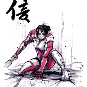 Peut inclure: Une illustration à l'encre noire et blanche d'une femme en costume blanc et rouge agenouillée sur le sol. Le caractère japonais pour "confiance" est écrit à l'encre noire dans le coin supérieur gauche de l'image.