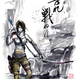 8x10 PRINT Lara Croft from Tomb Raider Japanese Calligraphy I Fight On