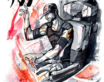 May include: A watercolor painting of a man in a black and red outfit sitting in a chair. The man is wearing a baseball cap and has a beard. The background is a red and white abstract design. The word "初" is written in black ink in the upper left corner of the image.