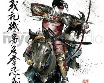 SAMURAI Japanese Calligraphy with Sumi-e painting Bow and Arrow on horse PRINT