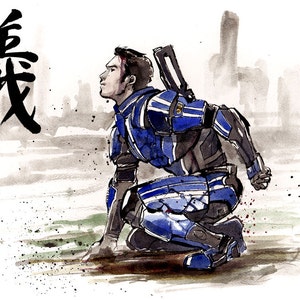 May include: A watercolor painting of a person in blue and black armor kneeling on the ground. The person is looking up and to the left. The background is a blurry cityscape with a large kanji character in the upper left corner. The kanji character is "義" which means "justice".