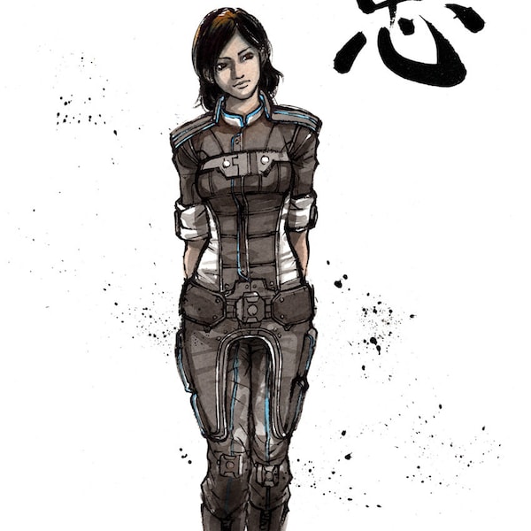 8x10 Print Samantha Traynor from Mass Effect 3 with Japanese Calligraphy