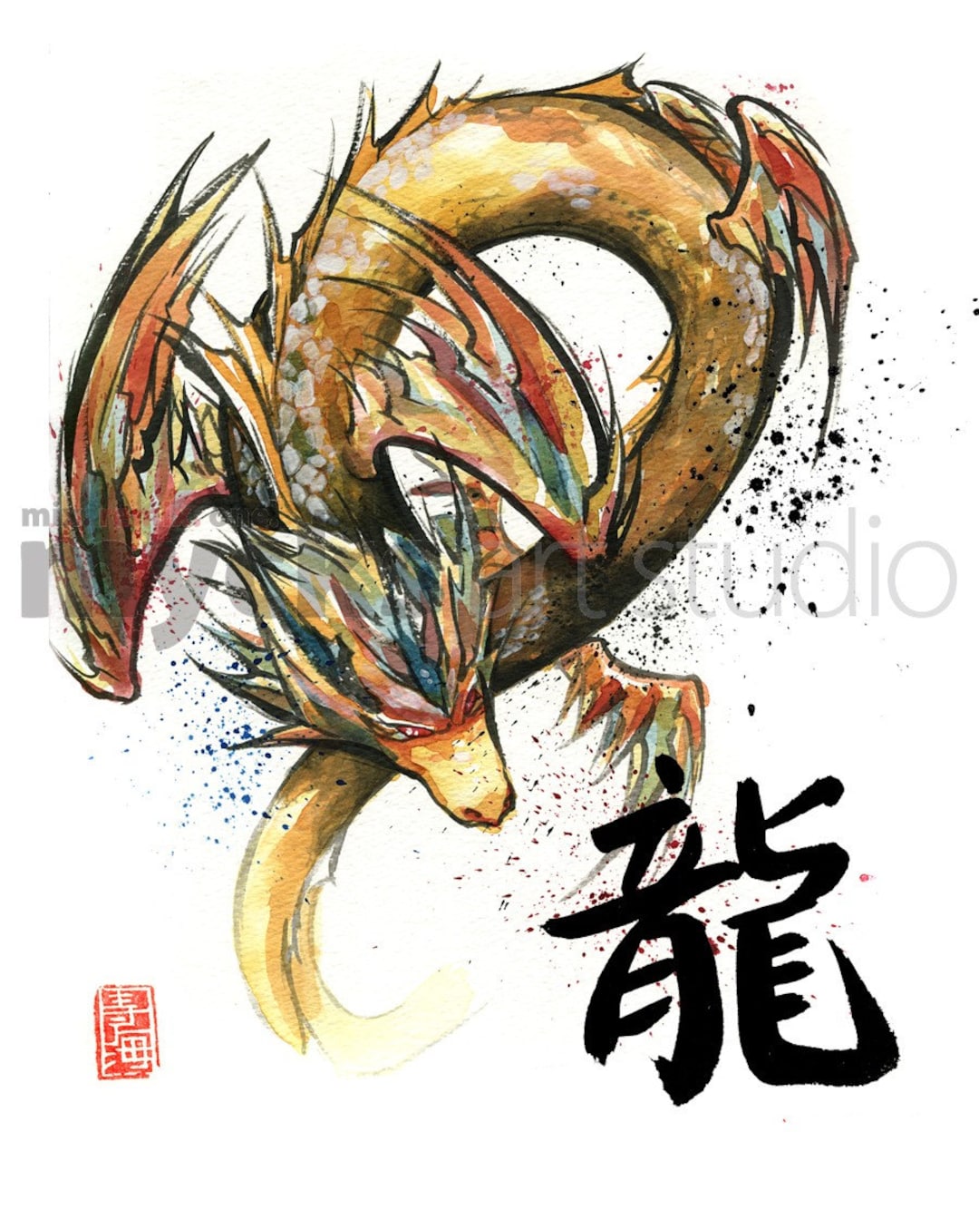 PRINT Japanese Calligraphy DRAGON With Painting of Golden