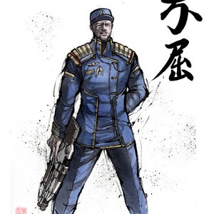 Puede incluir: Una ilustración de acuarela de un hombre con un uniforme azul con detalles dorados, sosteniendo un arma futurista. El fondo presenta el kanji japonés para "inmortal".