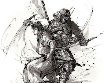 SAMURAI - Print 8x10 Steampunk style samurai duo armor warriors