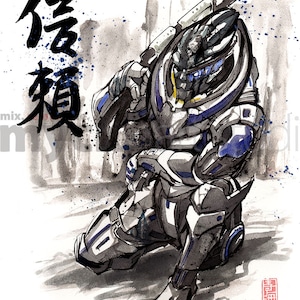 8x10 PRINT Mass Effect Garrus with Sniper Rifle Japanese Calligraphy Trust