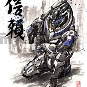 Peut inclure: Une illustration à l'encre noire et blanche d'un robot guerrier agenouillé, tenant une arme. Le robot porte une combinaison futuriste avec des accents bleus et gris. Les caractères japonais "侍魂" sont écrits à l'encre noire sur le côté gauche de l'image.
