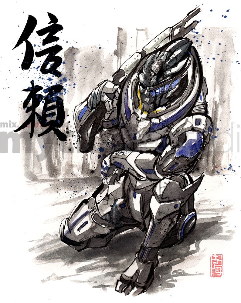 8x10 PRINT Mass Effect Garrus with Sniper Rifle Japanese Calligraphy Trust