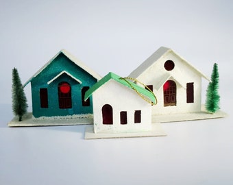 Mid Century Modern Cardboard Putz Houses, 50s made in Japan Christmas Village Houses