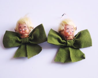 Vintage Japan Felt Elf Head Ornaments, Green Bow Angel Tree Decorations