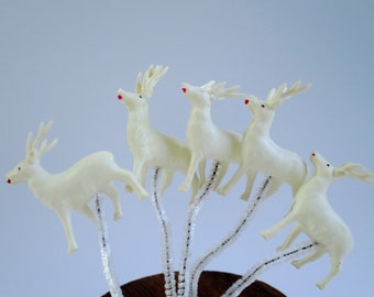 White Reindeer Package Tie-Ons, Tiny 1" White Deer Corsage Stems, Mini White Reindeer Floral Picks, SwirlingOrange11