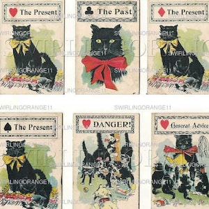 Black Cat waarzeggerijkaartenspel Digitale download, collageblad, Instant Fortune-spel, Halloween-collagepapier