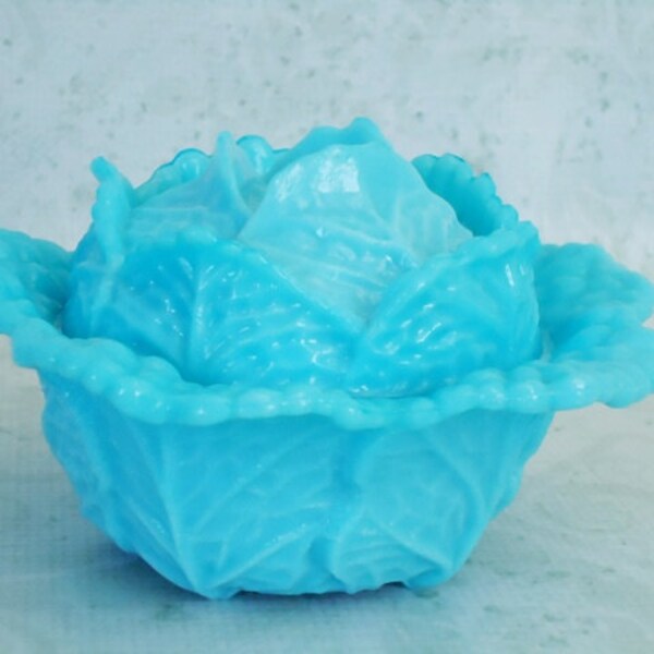 Blue Milk Glass Covered Bowl - Vintage Turquoise Milk Glass Cabbage Bowl