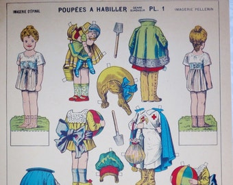 1920s Uncut Paper Dolls w Clothes, French Paper Dolls, Nursery or Kids Room Decor
