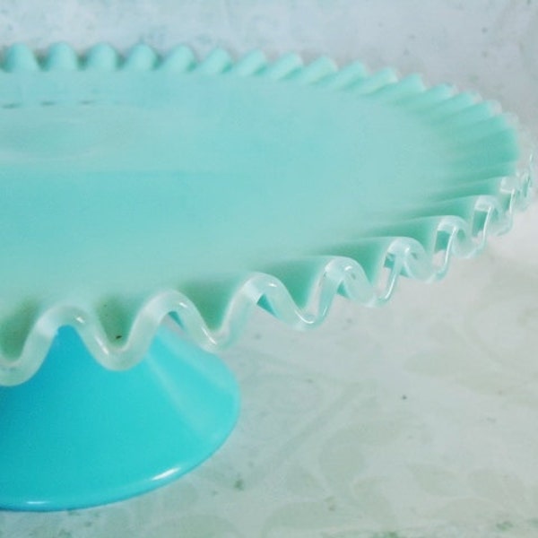 Fenton Turquoise Blue Silver Crest Milk Glass Cake Stand - Vintage Wedding Decor