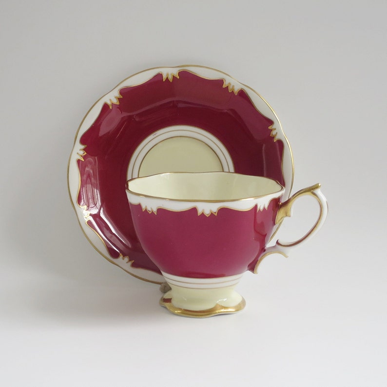 Vintage Tea Cup and Saucer by Royal Albert England, Burgundy Cream and White Teacup Set image 5