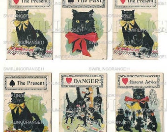 Black Cat Fortune Telling Cards Game, Collage Sheet, Instant Download, Jpeg Copy of 6 Original Cards, Instant Fortune Telling