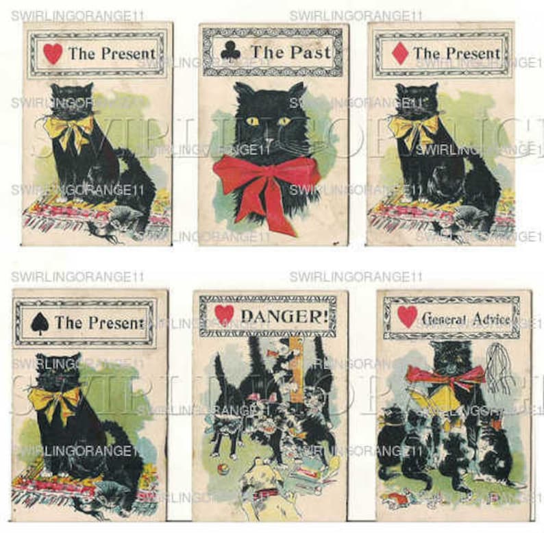 Black Cat Fortune Telling Cards Game Collage Sheet Instant Etsy