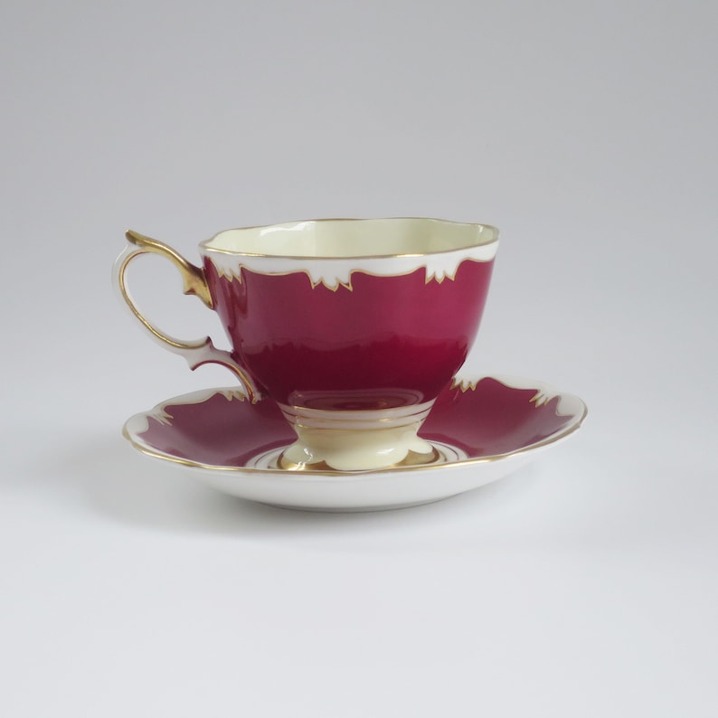 Vintage Tea Cup and Saucer by Royal Albert England, Burgundy Cream and White Teacup Set image 2