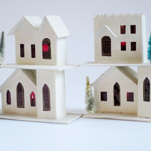 4 Vintage Japan Putz Houses, White Christmas Decorations, Holiday Glitter Houses