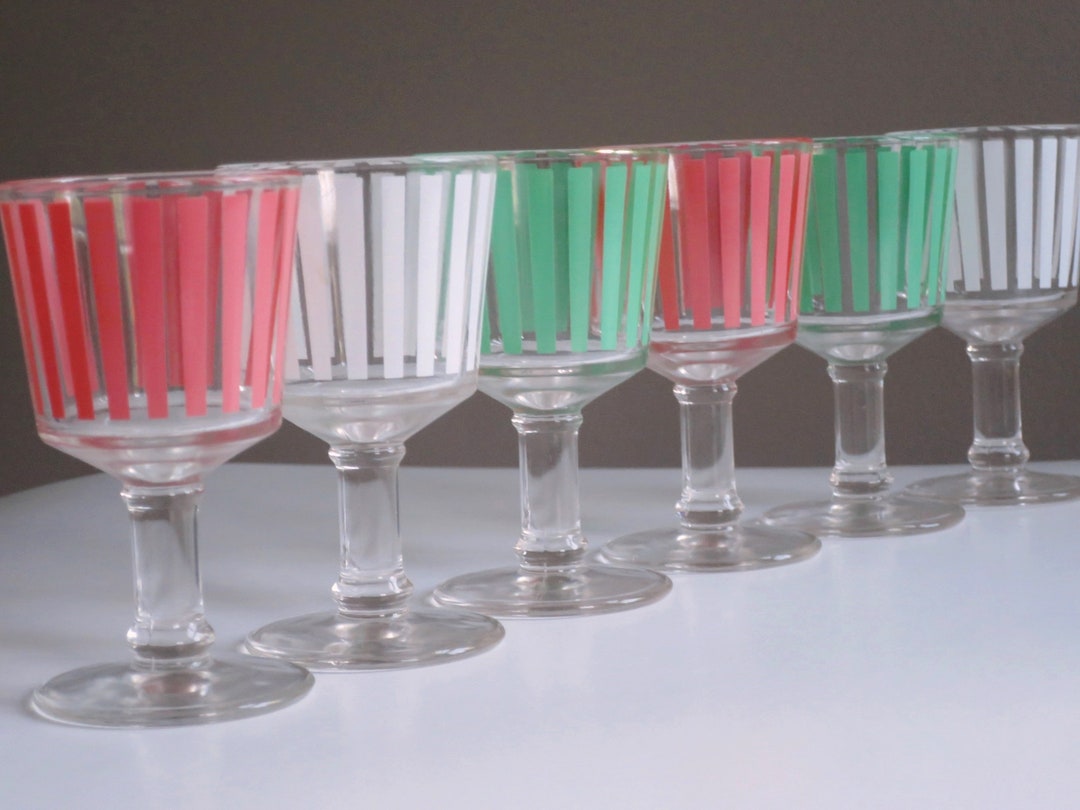 Mid-century Spring Glassware, Pastel Stripe Stemmed Cordial Glasses ...