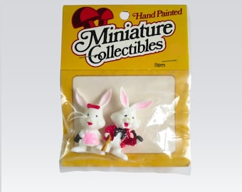 Miniature Boy and Girl Plastic Bunnies, Kitsch Vintage Mini Mr and Mrs Cup Cake Topper Rabbits