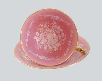 Vintage Pink Tea Cup and Saucer, Aynsley Teacup with White Bridal Rose Pattern