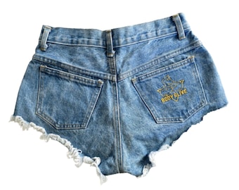 Retro 80s Denim Short Shorts, Frayed Hem Shorts, Iconic Bay Watch Beach Shorts, Dungaree Fitness Model Shorts