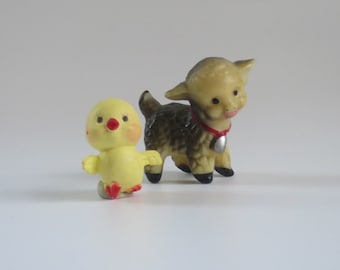 Miniature Duckling and Lamb Figures, A pair of Real Vintage Mini Animals, Doll Pets or Decorations